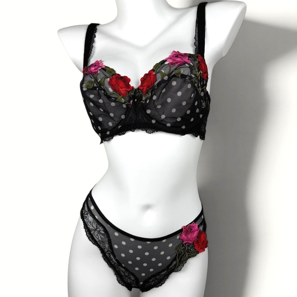 Vintage Y2K Lise Charmel Romantic Goth Floral Mesh Lingerie Set 34D M Boudoir
